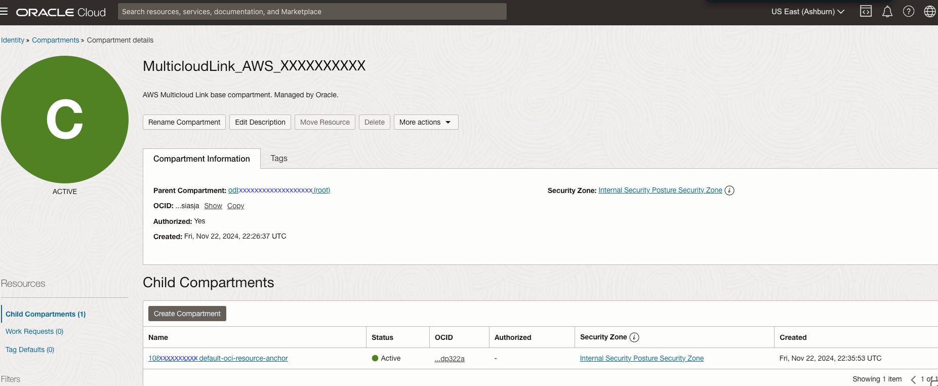 Click to expand An image of a compartment details page in the OCI Console.