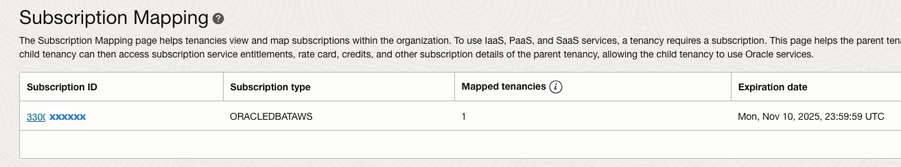 Click to expand An image of the ORACLEDBATAWS subscription mapping.
