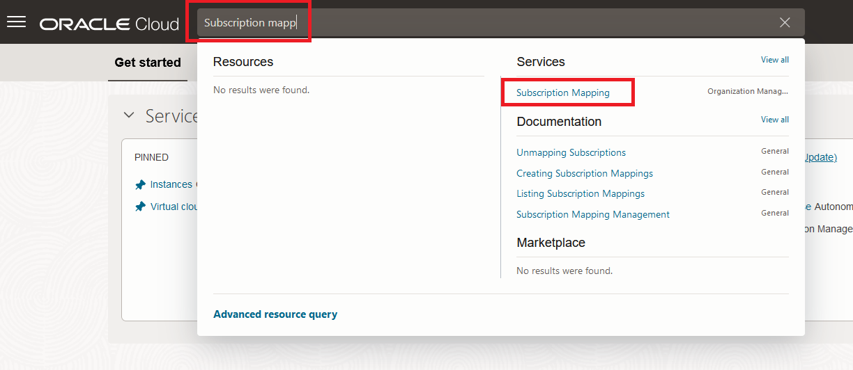 Click to expand An image of a search in the Oracle Cloud Console for Subscription Mapping