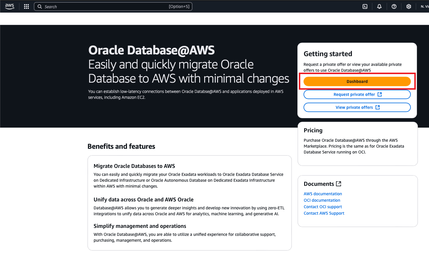 Click to expand An image of the Oracle AI Database@AWS product page showing the Dashboard link.