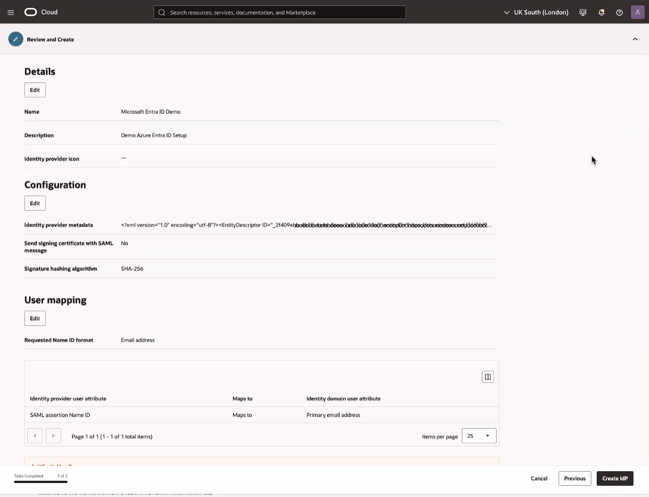 Click to expand An image of the OCI Console showing the Review and Create page of the Add SAML identity provider work flow.