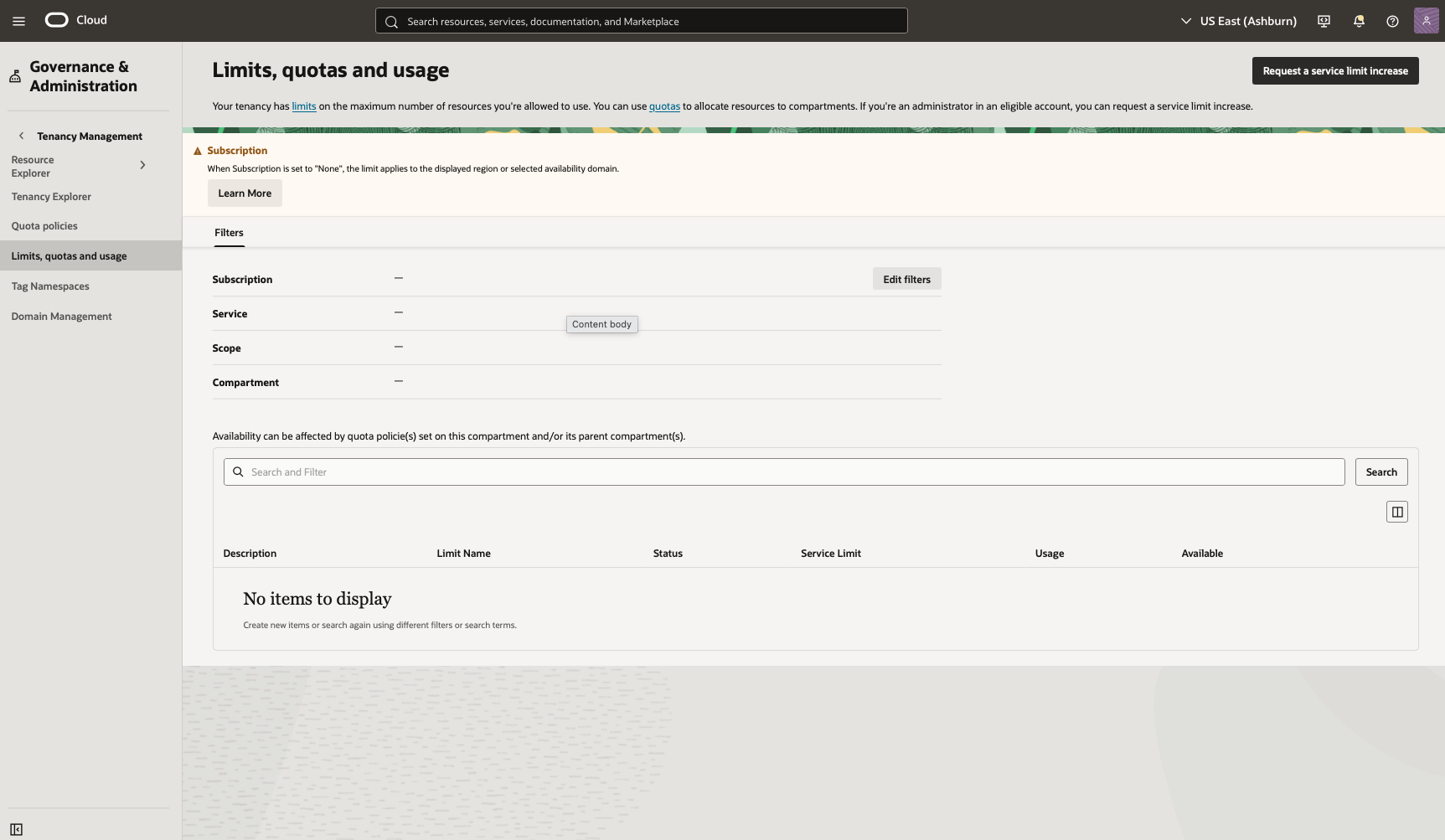 Click to expand limits, quotas, and usage screen