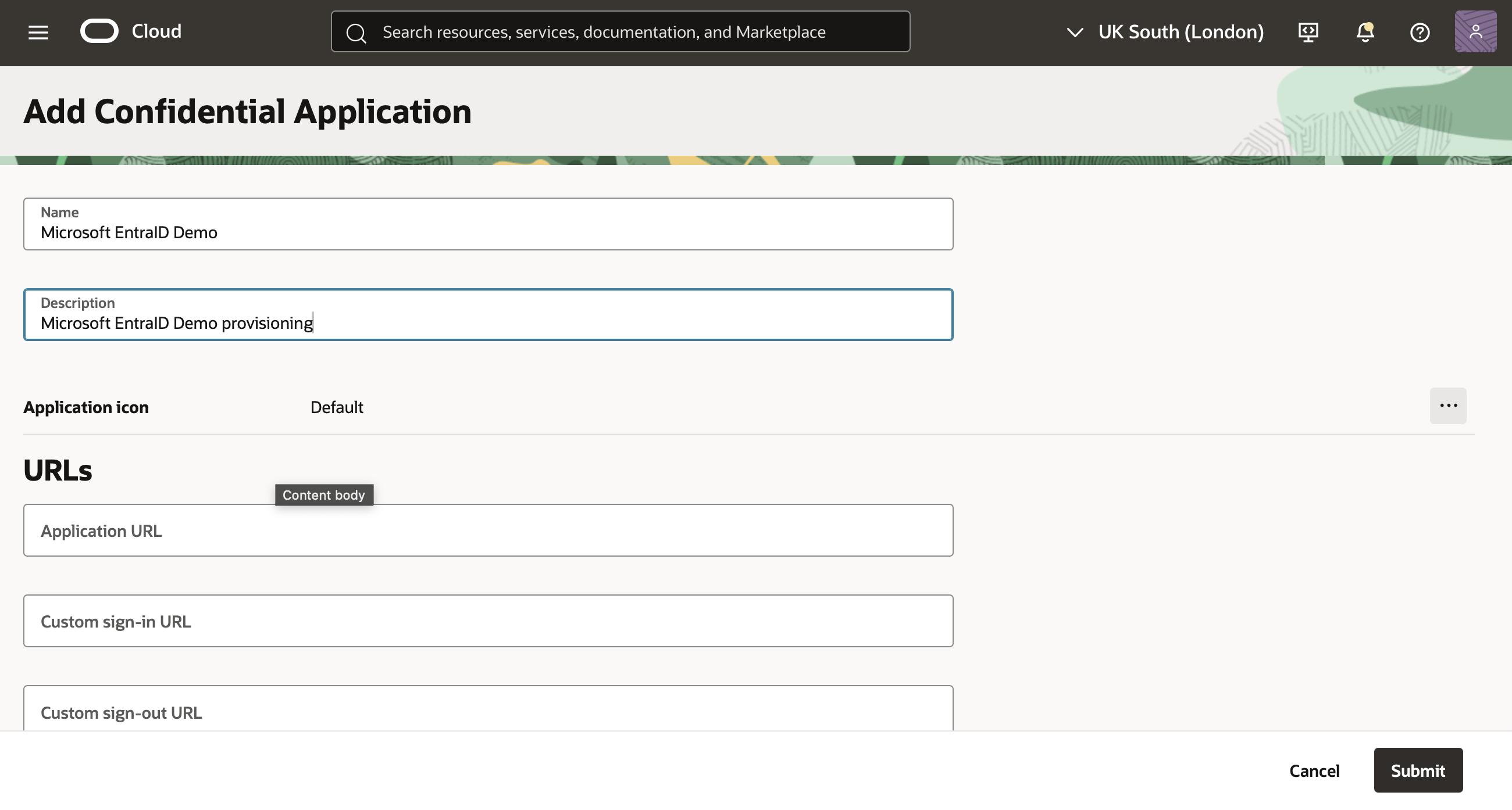 Click to expand An image of the OCI Console showing the Add application details page of the Add Confidential Application workflow.