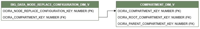 Relationship diagram showing the dimension table, BIG_DATA_NODE_REPLACE_CONFIGURATION_DIM_V.