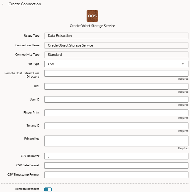 Create Connection for Oracle Object Storage Service dialog Create Connection for Oracle Object Storage Service dialog