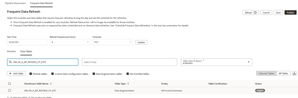 Frequent Data Refresh dialog: Select Table Frequent Data Refresh dialog: Select Table