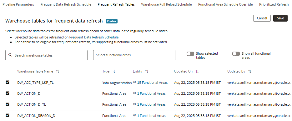 Frequent Refresh Tables tab Frequent Refresh Tables tab