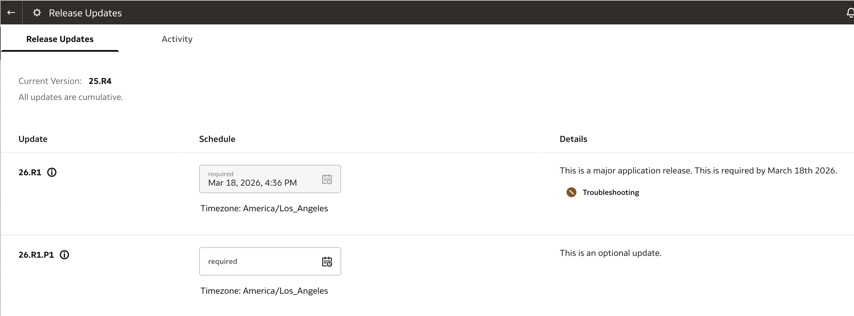 Troubleshooting icon on the Release Updates page Troubleshooting icon on the Release Updates page