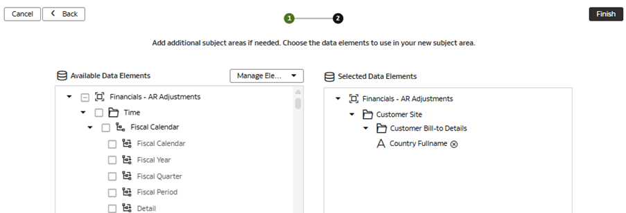 The Modify a Subject Area – Financials – AR Adjustments page displaying the additions The Modify a Subject Area – Financials – AR Adjustments page displaying the additions