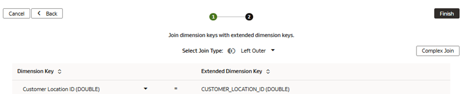 Step 2 of the Extend a Dimension wizard where you select the join keys Step 2 of the Extend a Dimension wizard where you select the join keys