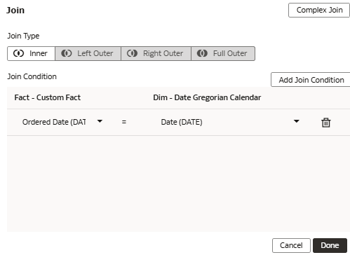 The Join dialog displaying the Ordered Date (DATE) fact joined with the Date (DATE) dimension The Join dialog displaying the Ordered Date (DATE) fact joined with the Date (DATE) dimension
