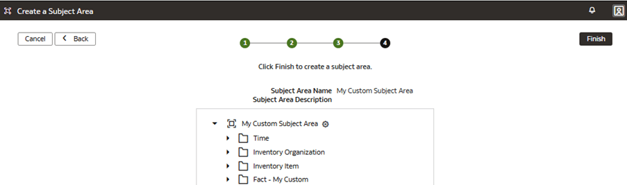Step 4 of the wizard on the Create a Subject Area page Step 4 of the wizard on the Create a Subject Area page