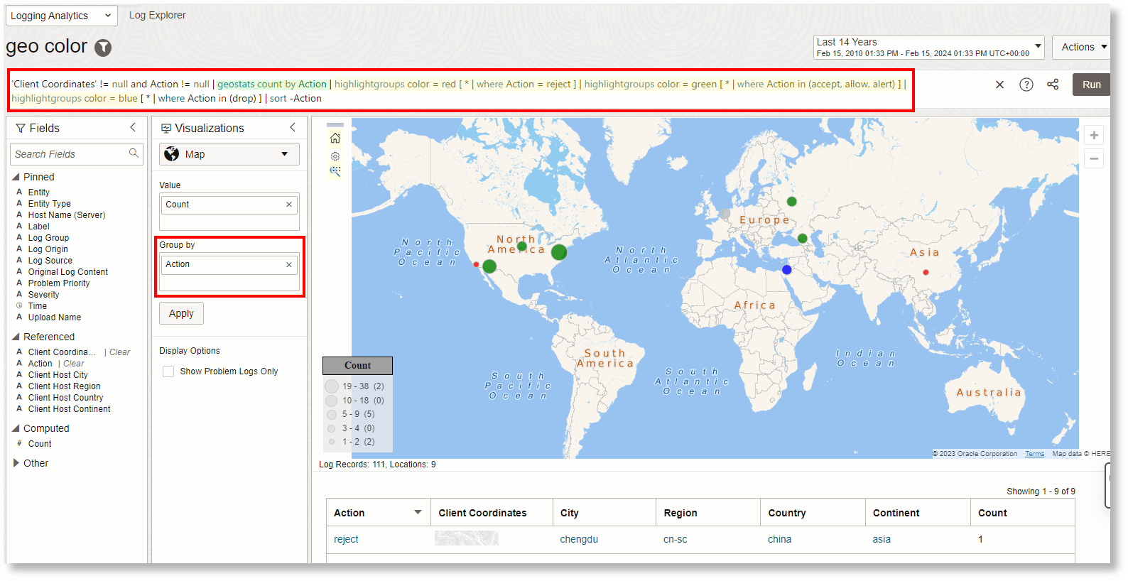 Example map visualization upon running the above query Example map visualization upon running the above query