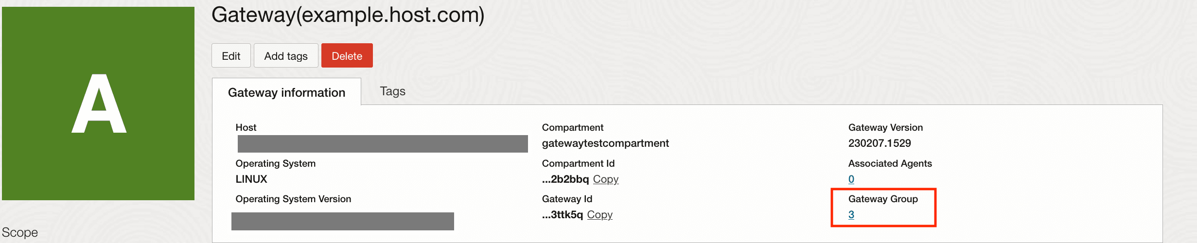 Management Gateway details page Management Gateway details page