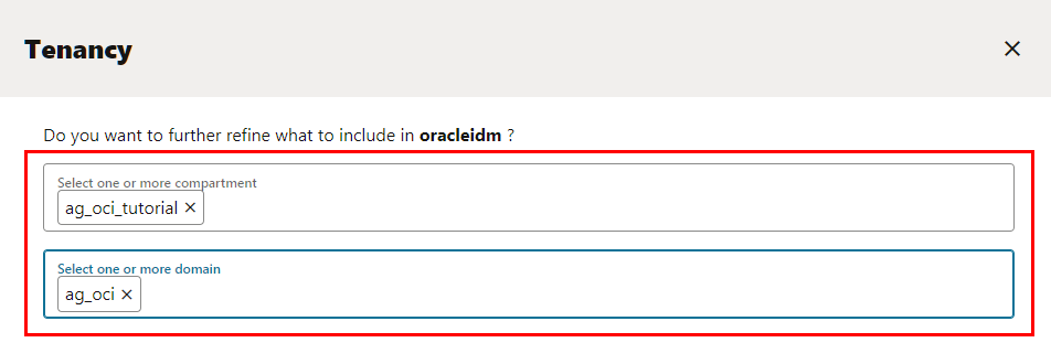 Selection screen to further select cloud compartment and cloud domain.