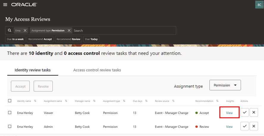 View insights for the access review for an accept recommendation
