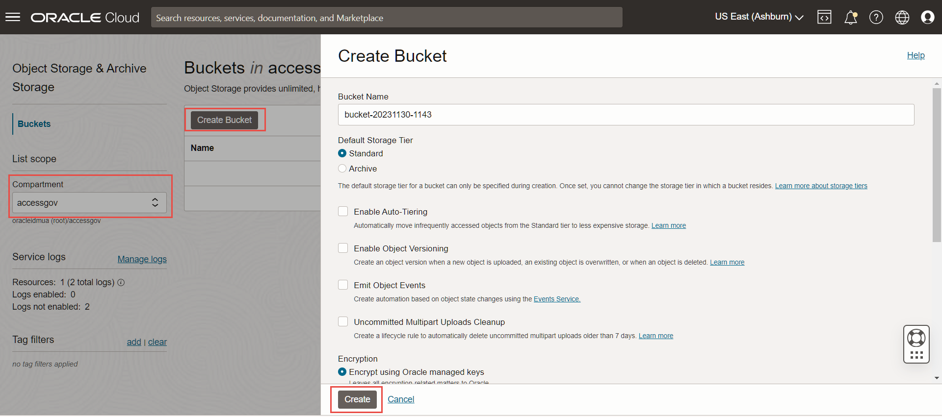 Create Bucket Screen