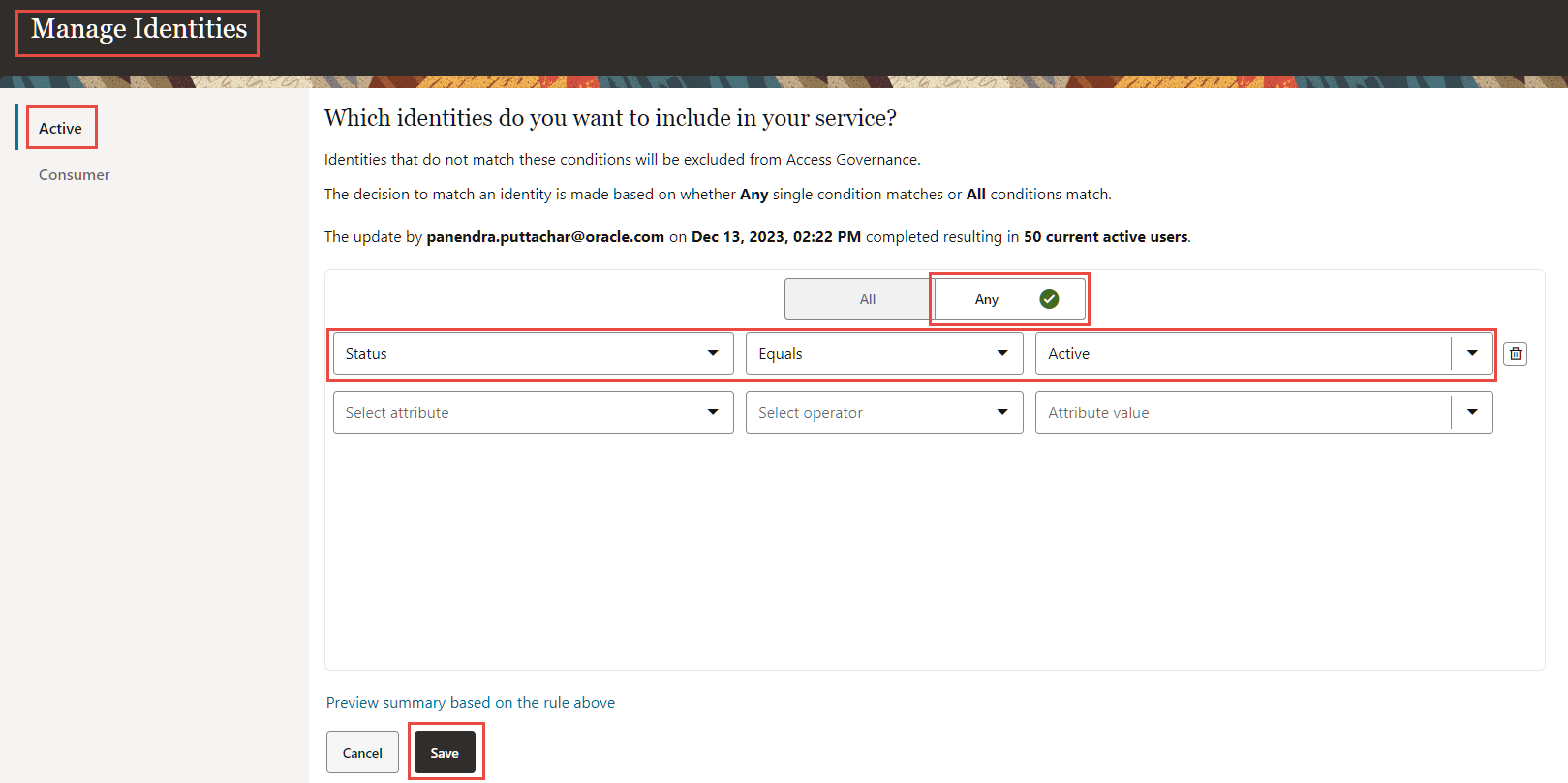 Manage Identities Screen