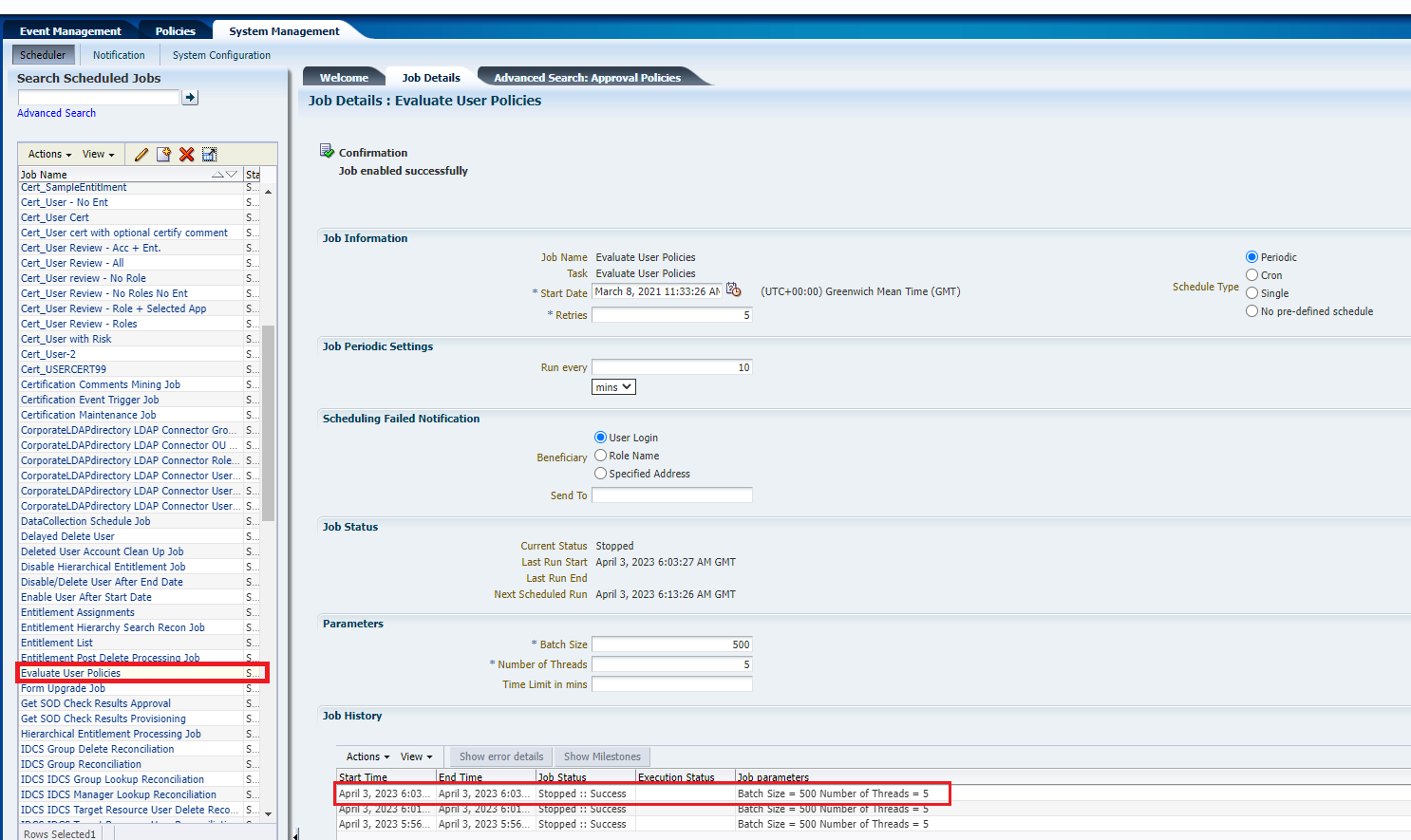 Running scheduled job from the Identity System Administrative console