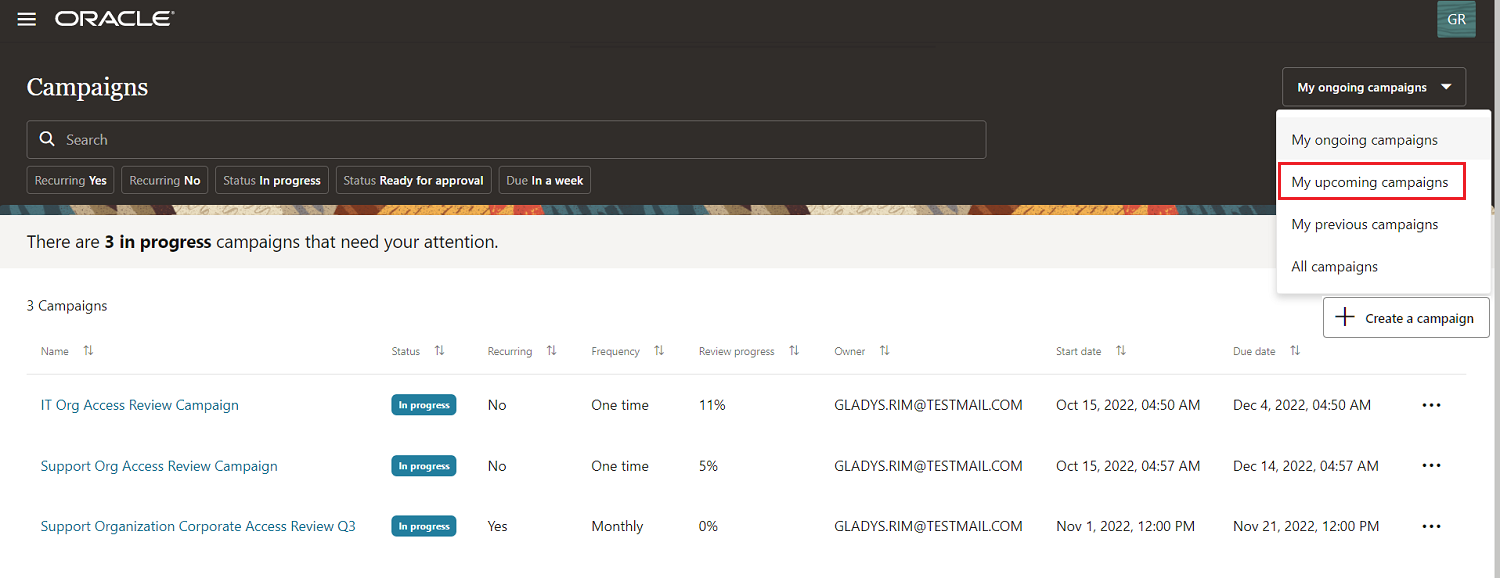 Apply filters to view upcoming campaigns