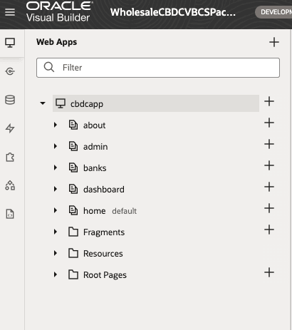 Screen capture showing the cbdcapp in the Visual Builder Web Apps view with all its child content listed below it. Screen capture showing the cbdcapp in the Visual Builder Web Apps view with all its child content listed below it.
