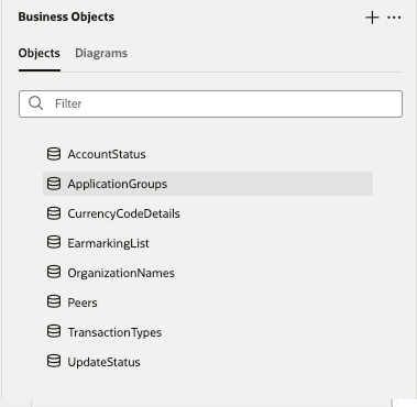 Screen capture showing the complete list of business objects belonging to the wholesale CBDC sample application in the Business Objects view of Visual Builder. Screen capture showing the complete list of business objects belonging to the wholesale CBDC sample application in the Business Objects view of Visual Builder.