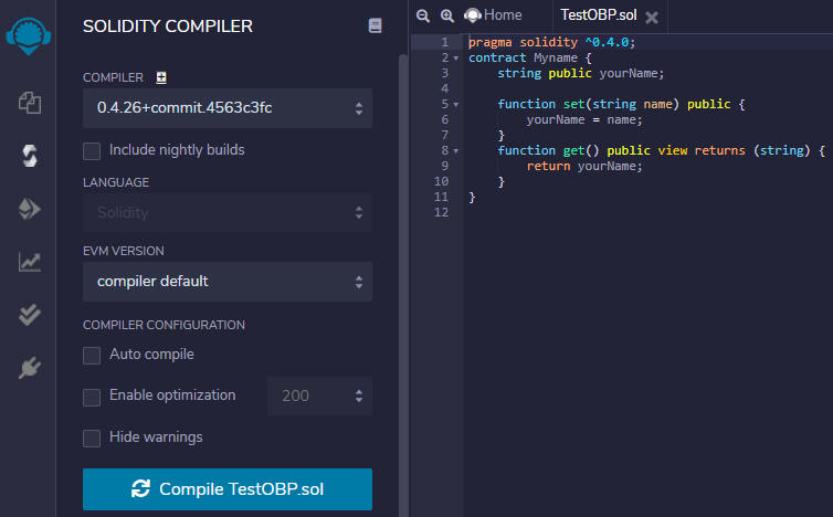 Screen capture of the test Solidity smart contract in the Remix Compiler view. Screen capture of the test Solidity smart contract in the Remix Compiler view.