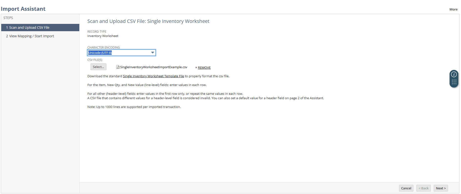 Import Assistant Scan and Upload CSV File page.