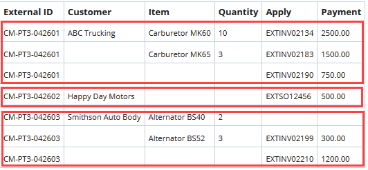 CSV import file where each section is processed as one record.