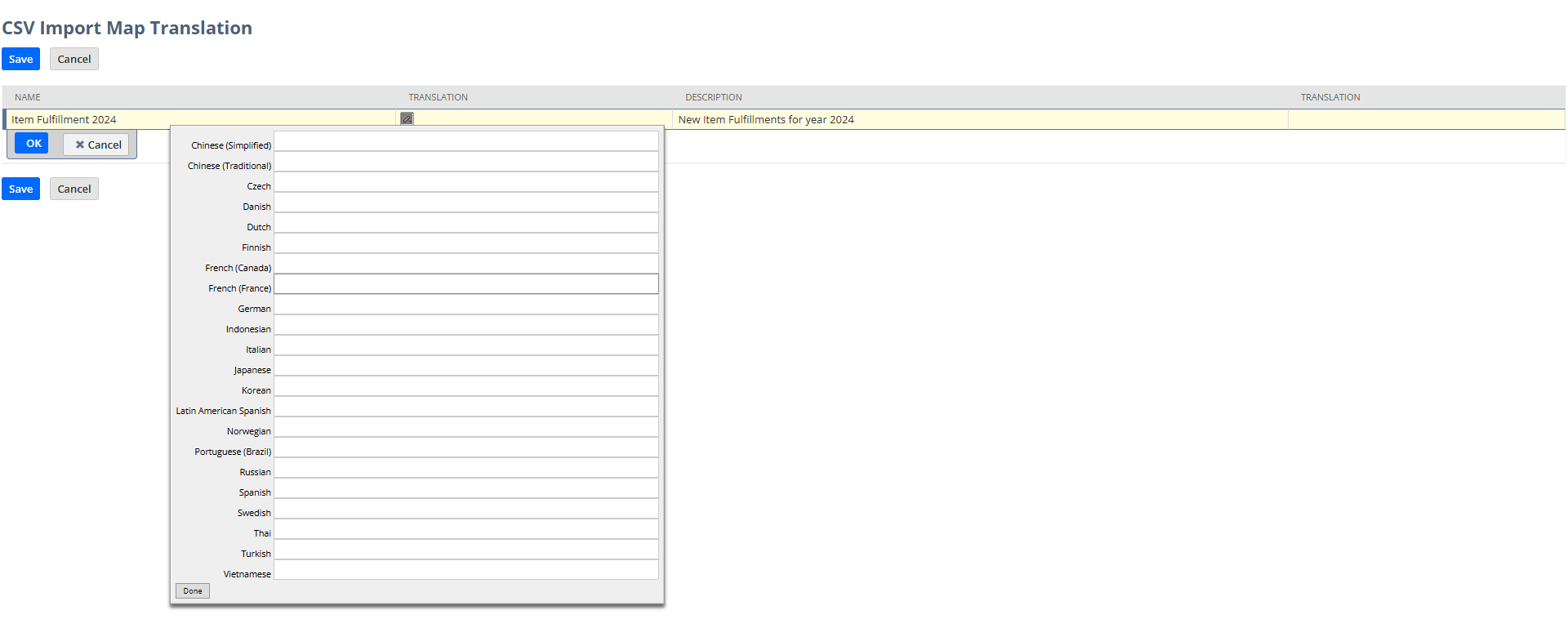 CSV Import Map Translation window.