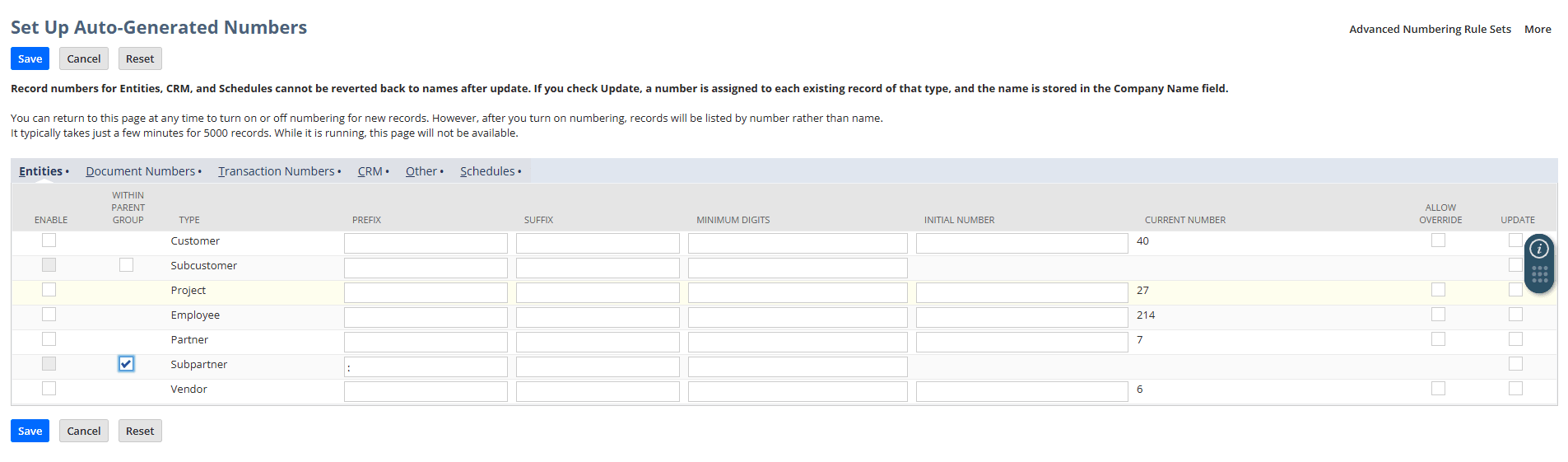 Set Up Auto-Generated Numbers page.