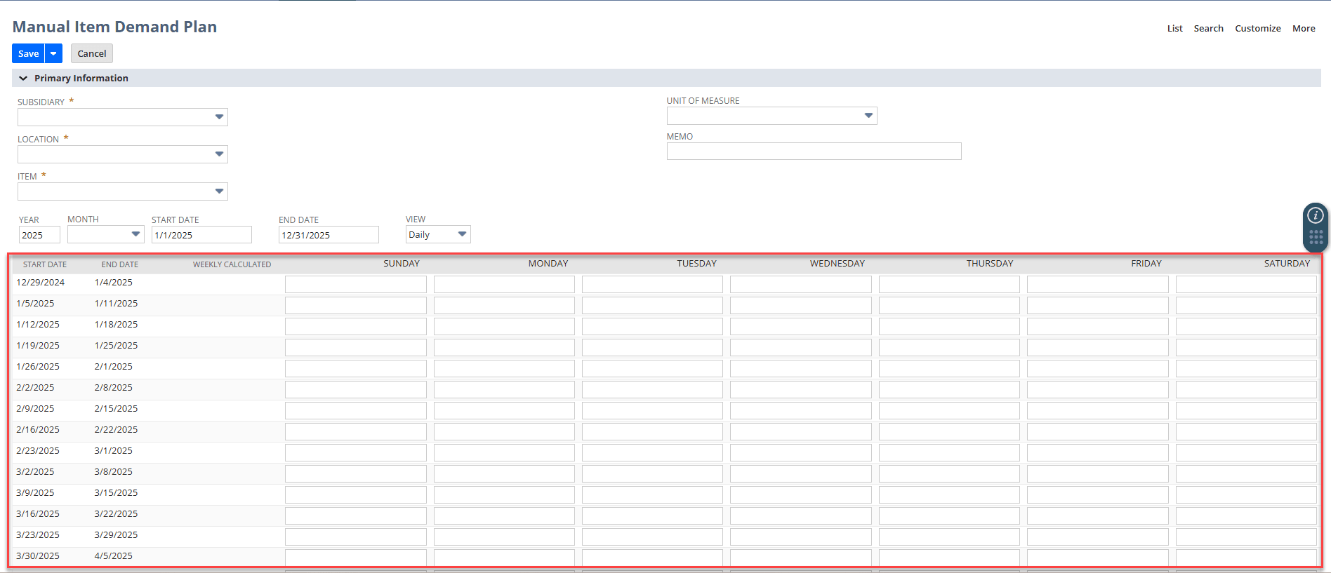 Sublist fields on the Daily Item Demand Plan.