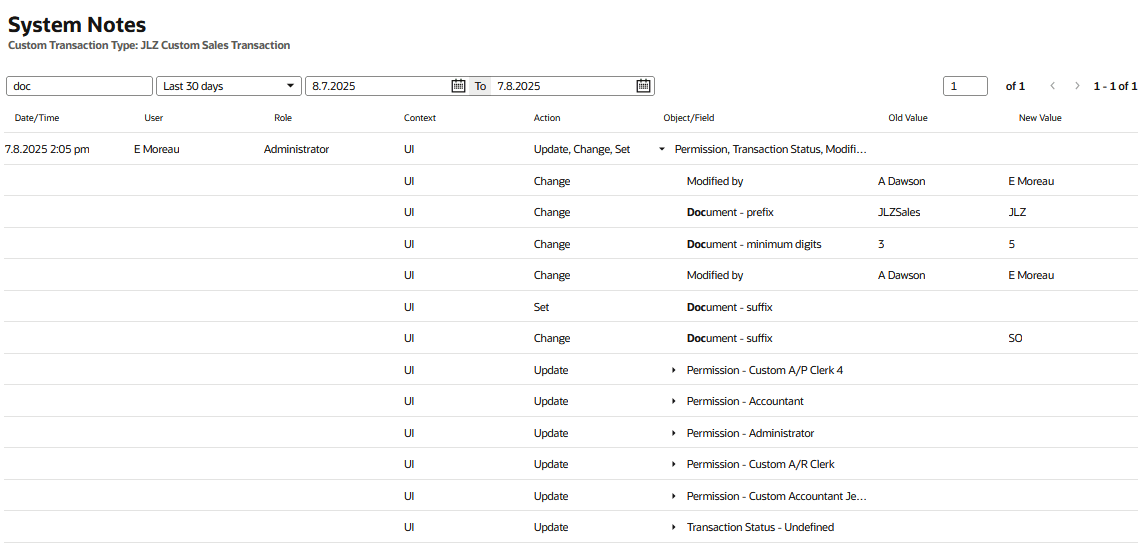 The System Notes v2 page with sample search results.