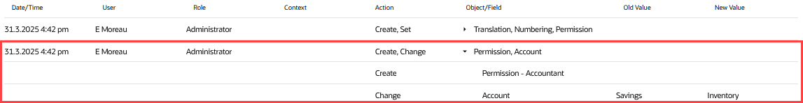 Sample Custom Transaction Type system notes v2 with create and change details outlined in red.