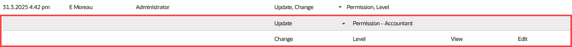 Sample Custom Transaction Type system notes v2 with a permission level change outlined in red.