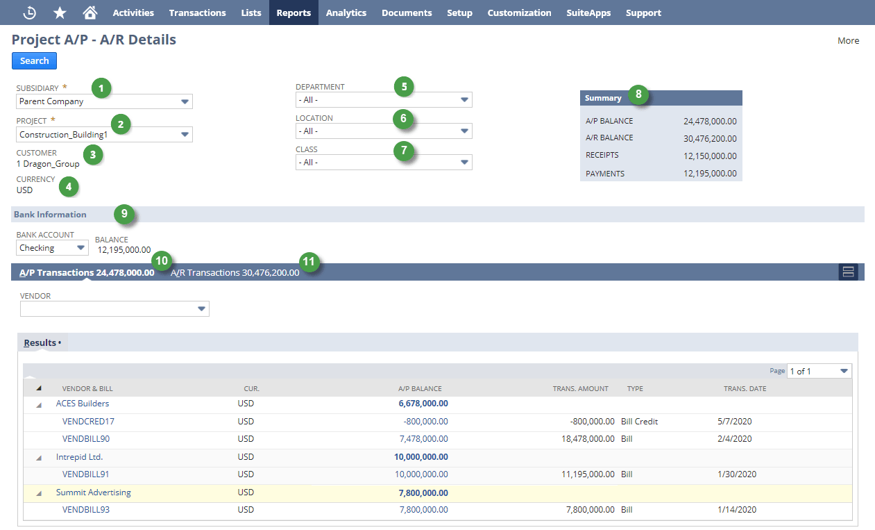 Project A/P - A/R Details page.