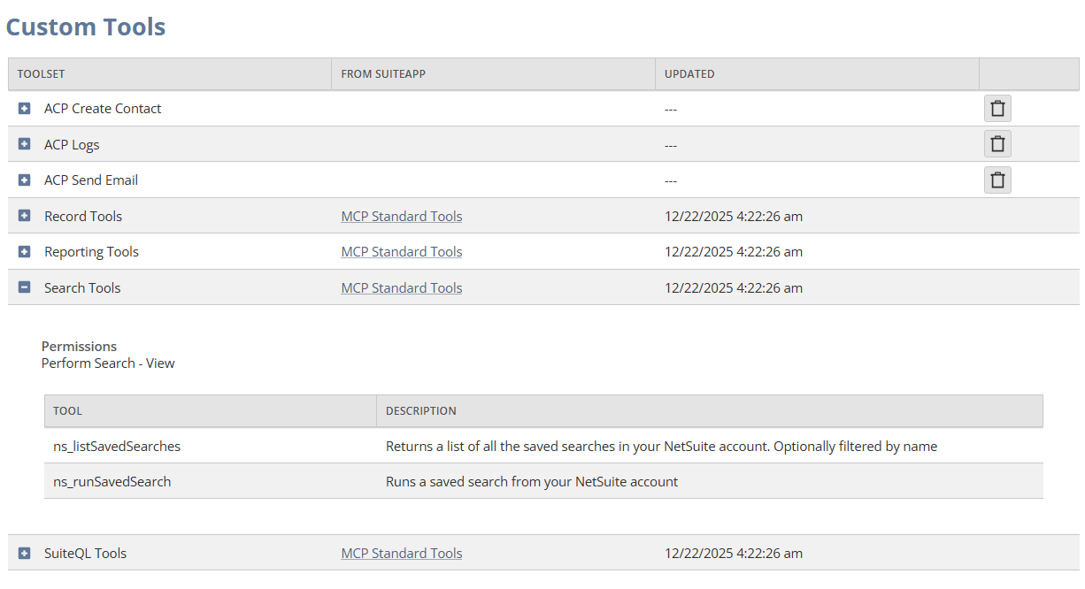 Custom Tools page that shows the tools available in a NetSuite account.