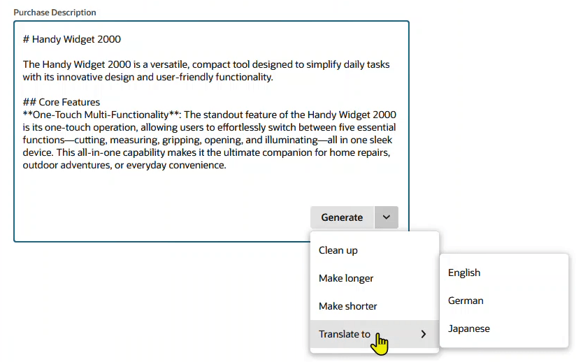 Text Enhance button labeled Generate with dropdown menu showing options: Clean Up, Make Shorter, Make Longer, or Translate.