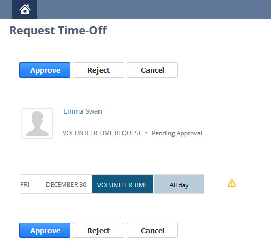 Screenshot showing the Request Time-Off page for an employee. It shows the employee's name, the status of their pending time-off request, and 'Approve', 'Reject', and 'Cancel' buttons.