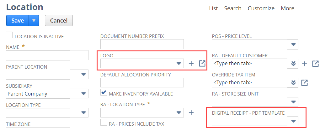 Location record top with digital receipts fields