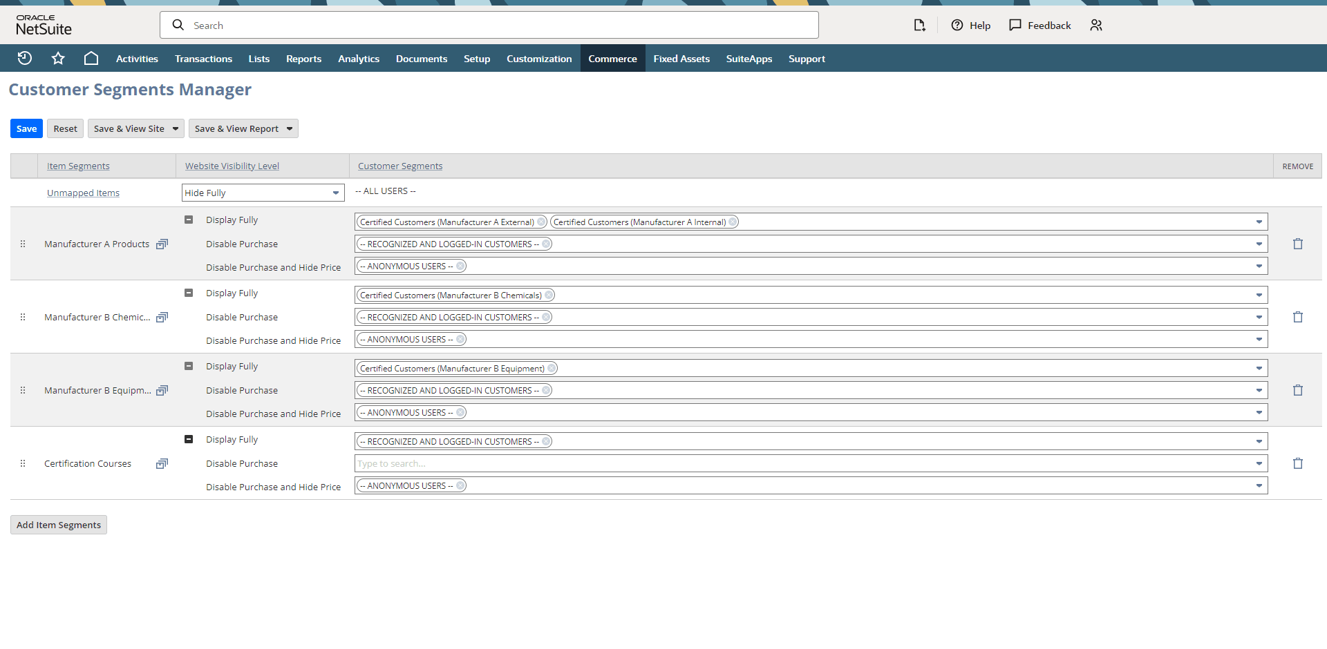 Customer segments manager interface.