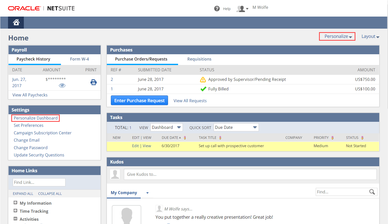 Screenshot of the home page showing the 'Personalize' button at the top right of the Home page and the 'Personalize Dashboard' link in the Settings portlet.
