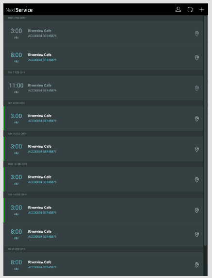 NextService Mobile task list screen.