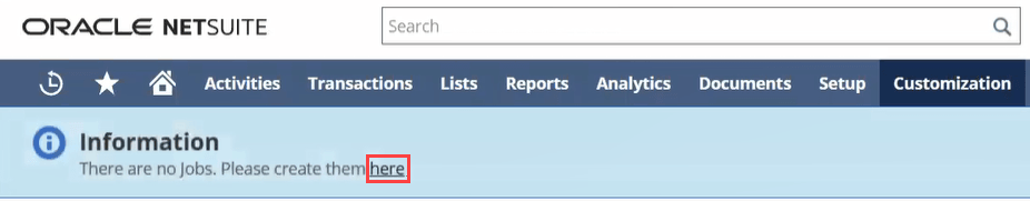 Page with an information message stating there are no jobs and a link to create jobs.