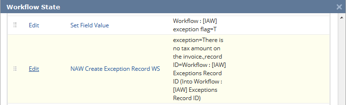 screenshot of Workflow State window showing example states 'Set Field Value' and 'NAW Create Exception Record WS'