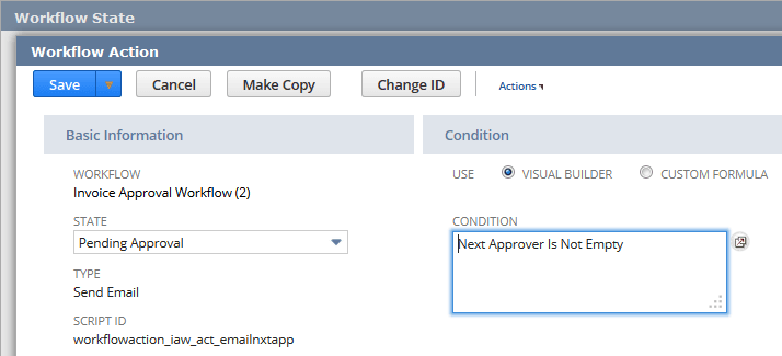 screen shot of Workflow Action page with 'Next Approver is Not Empty' condition entered