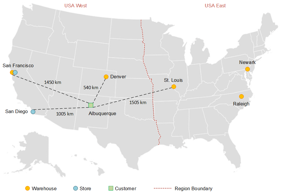 Example: map of United States showing distances between the customer's location and potential fulfillment locations