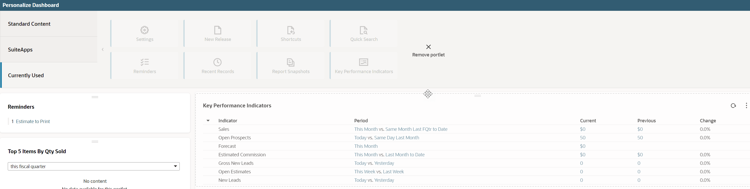 Dragging a portlet to the Personalize Dashboard palette.