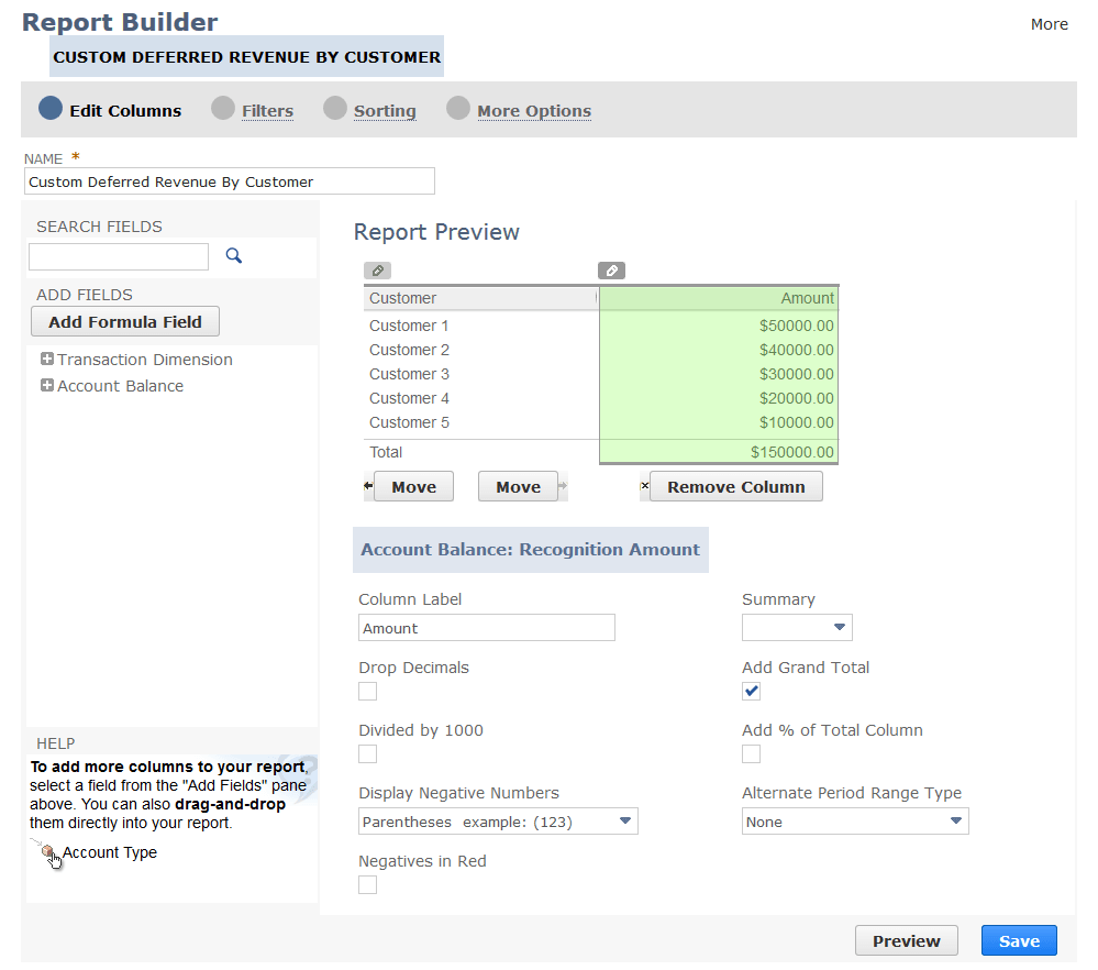 Add, remove, or reorder report columns in the Report Builder.
