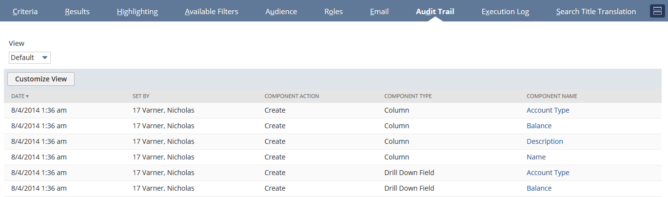 Audit trail subtab